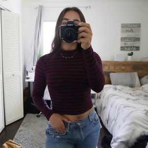 Cute Cropped Striped Long Sleeve Mock Neck